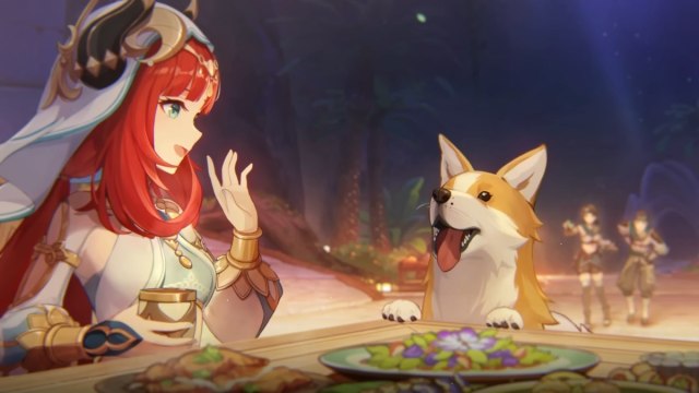 Nilou sitting with a dog in Genshin Impact.