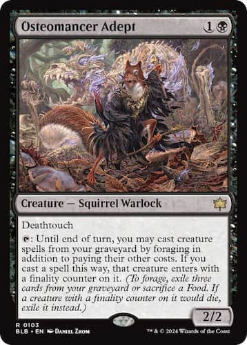 Necromancer Squirrel in forest through Bloomburrow MTG set