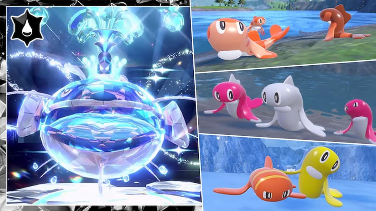 Split image of the Dondozo Tera Raid and Tatsugiri Mass Outbreak event in Pokémon Scarlet and Violet.