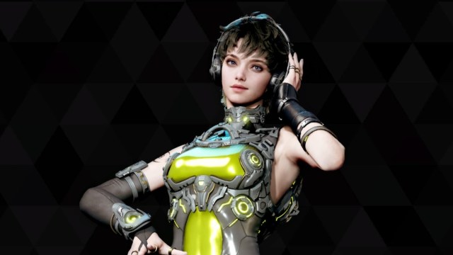 Close up of Luna in The First Descendant descendant tab in game menu. Luna posing with one hand on her headphones and another spinning a record