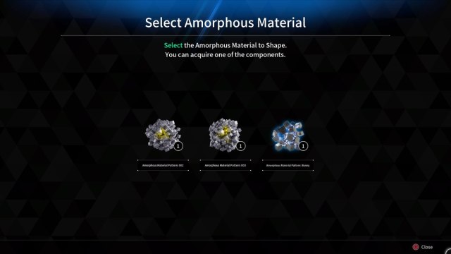 Amorphous material selection screen in The First Descendant