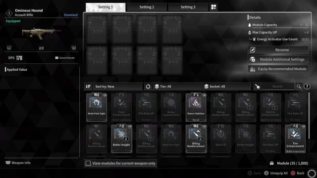 Weapon Modules menu on The First Descendant