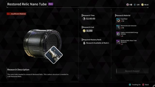 Restored Relic Nano Tube research menu and recipe