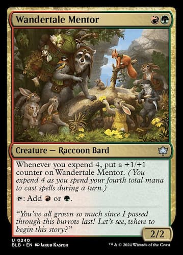 Raccon Bard teaching other animals the ways of MTG Bloomburrow