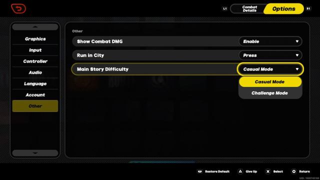 Difficulty selection in ZZZ settings