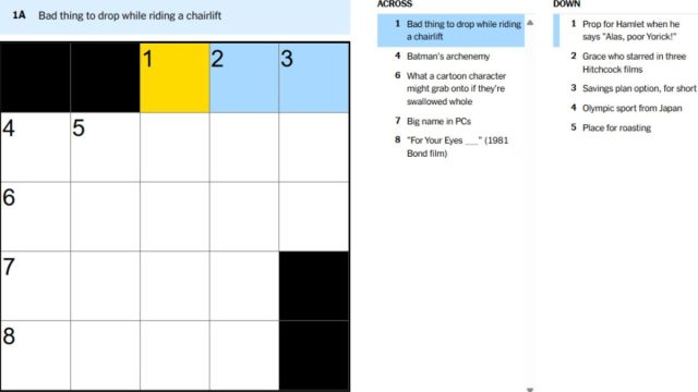 nyt time crossword clue for bad thing to drop from a chairlift