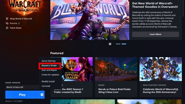 The WoW page on the battlenet client with the reveal in folder option surrounded by a red box