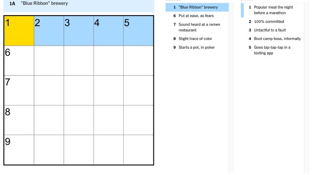 blue ribbon brewery clue 1A july 19 nyt mini crossword