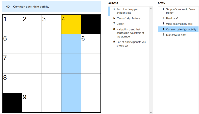 screenshot of common date night activity in NYT crossword