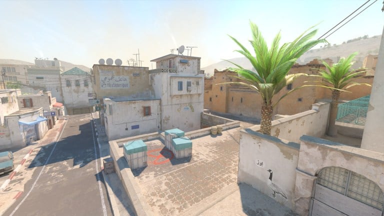 An overhead shot of the A bombsite on Dust 2.