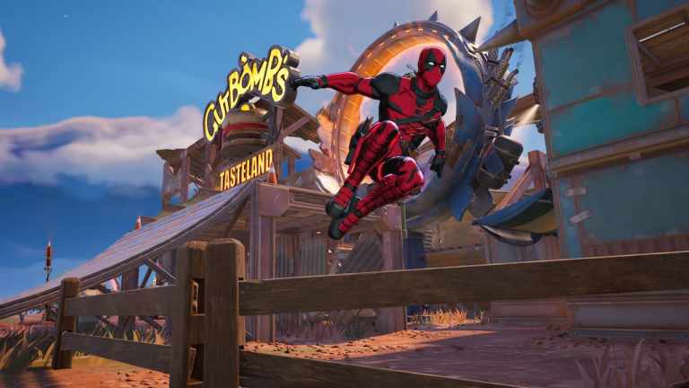 Deadpool hurdling at the Nitrodrome in Fortnite.