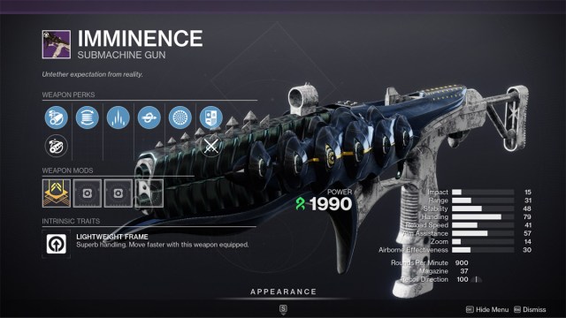 The Imminence SMG from Destiny 2 with stats shown.