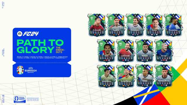 EA FC 24 Path to Glory The Knockouts cards on white background with blue logo on the left