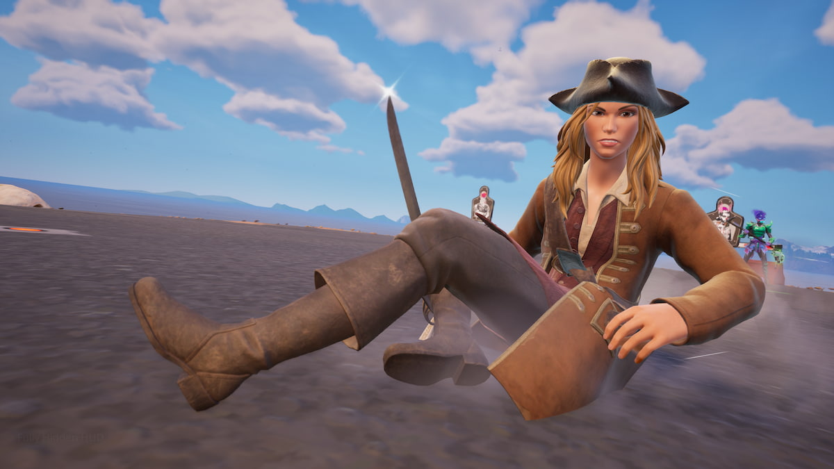 Elizabeth Swann doing a slide-kick in Fortnite.