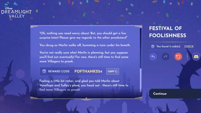 Some text and a code in the Festival of Foolishness Disney Dreamlight Valley event.