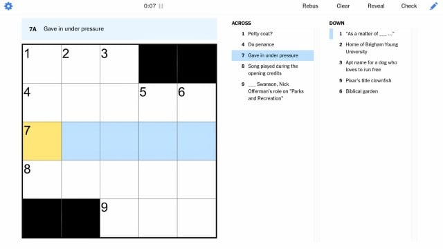 gave in under pressure 7a nyt mini crossword