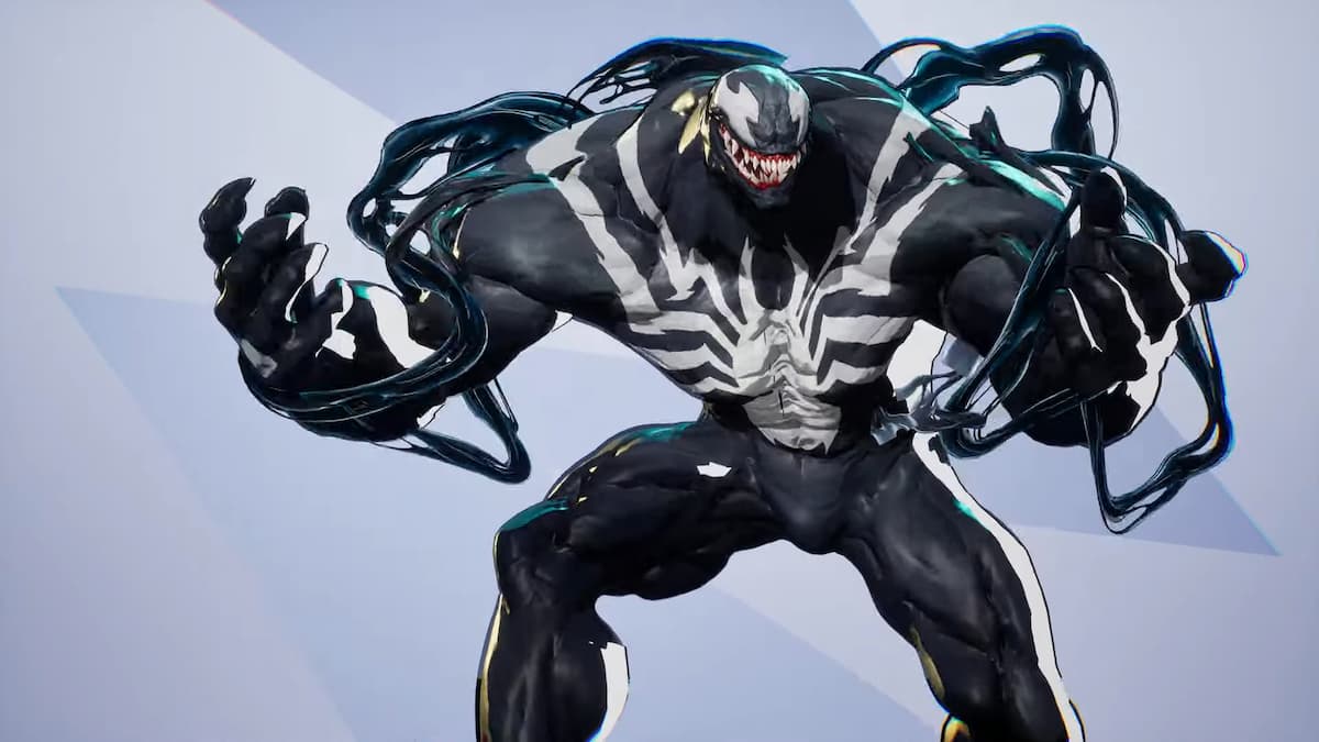 Venom in Marvel Rivals holds his hands up with black fluid swirling around him.
