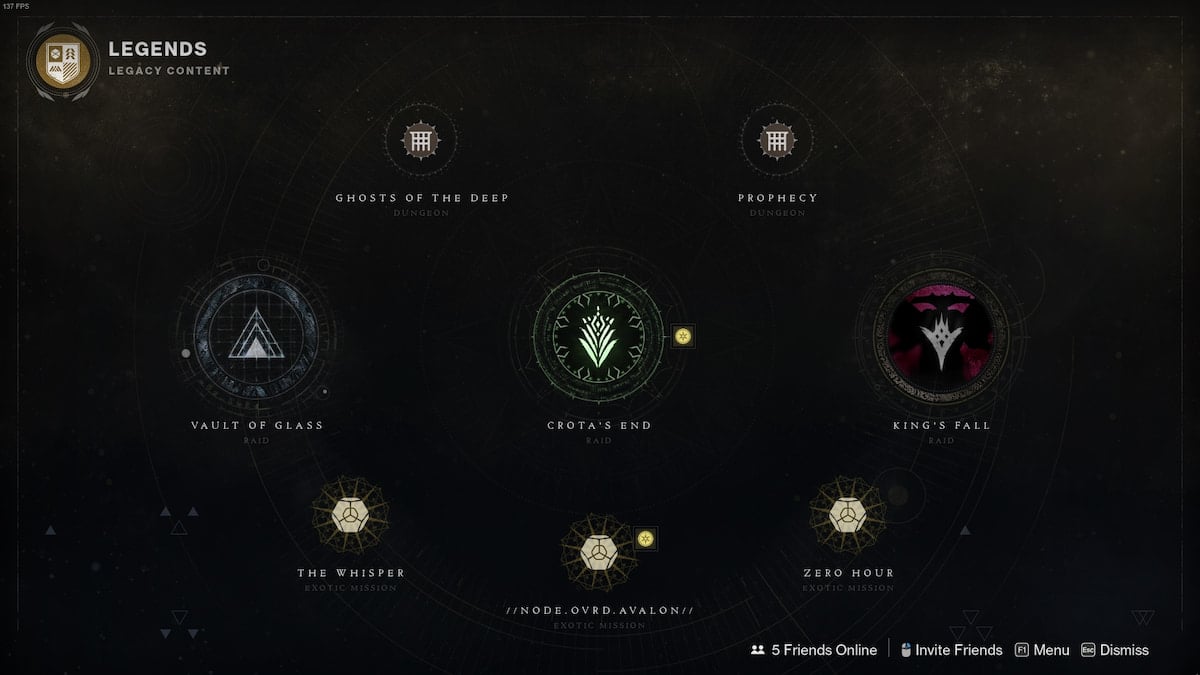 Destiny 2 Legends Legacy Content screen