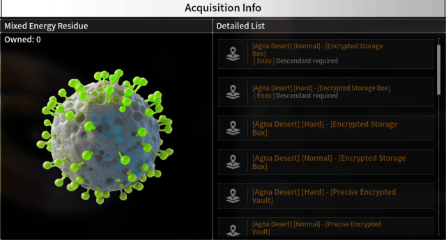 Mixed Energy Residue in The First Descendant, as well as its locations.