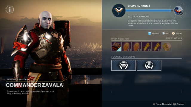 Commander Zavala and the Vanguard menu in Destiny 2.