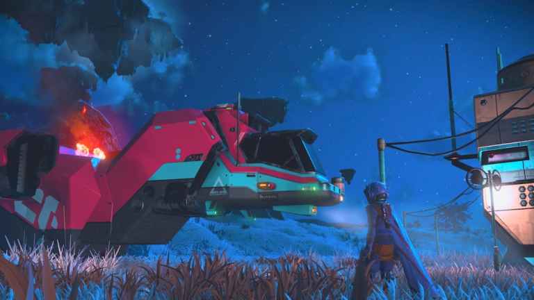 A No Man's Sky character next to a broken starship.