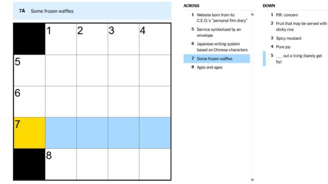 nyt mini crossword some frozen waffles clue grid