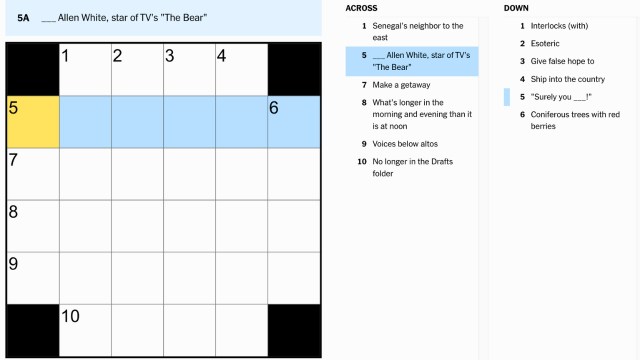 the clue, '___ Allen White, star of TV's "The Bear"' highlighted in blue and yellow from the NYT Mini Crossword puzzle