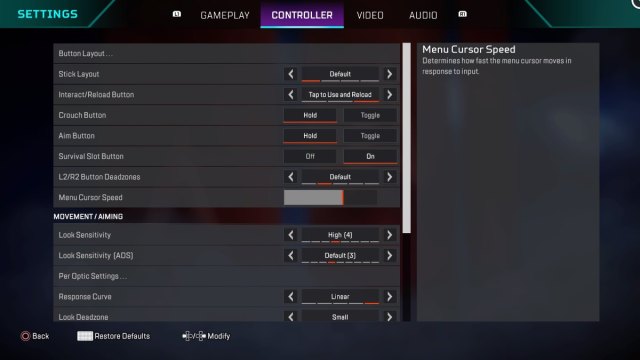 General Controller settings in Apex Legends menu