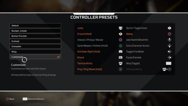 Customized preset controller menu in Apex Legends