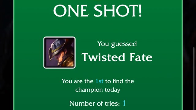 The LoLdle one-shot message above an icon for Twisted Fate for the Aug. 15 LoLdle quote challenge.