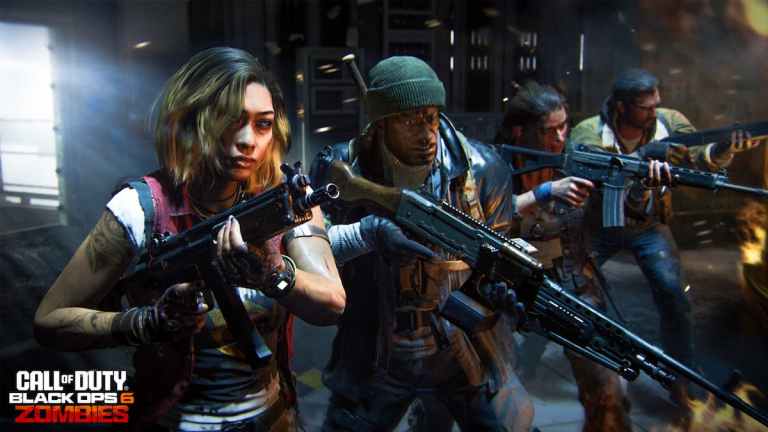 Four characters preparing their weapons for combat in Call of Duty.