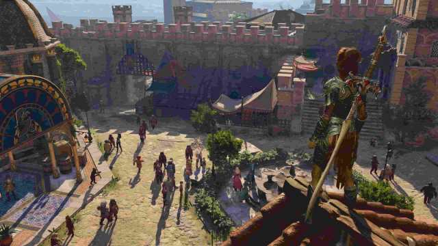 Baldur's Gate 3 image showing Laezel looking over busy street.