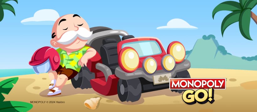 Mr. M next to buggy beach racer car in green and yellow button down shirt and brown shorts holding red helmet in Monopoly GO