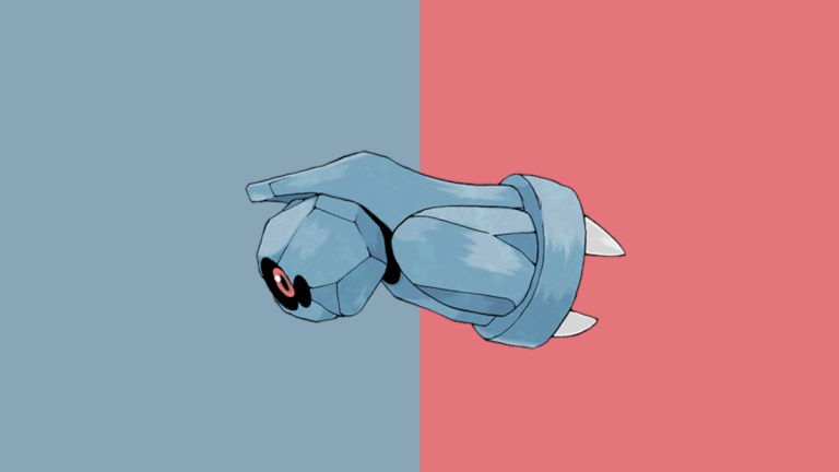 Beldum in Pokemon Go, a small rock-like creature on a blue and red background.