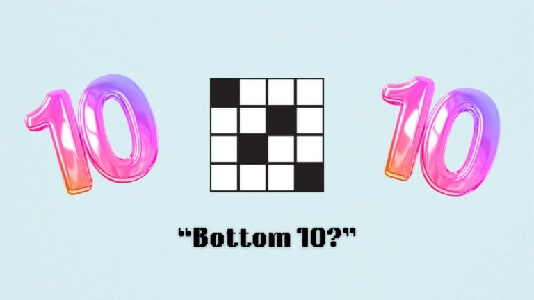 two 10's and a crossword puzzle icon above the clue, bottom 10?, from the Aug. 21 NYT Mini Crossword puzzle