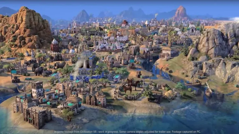 An image of a large cityscape in Civilization 7. This city is made out of many stone buildings and is built into a cliffside that overlooks the ocean.