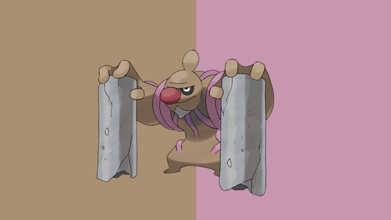 Conkeldurr, a large Pokemon that holds up two concrete pillars in its hands.