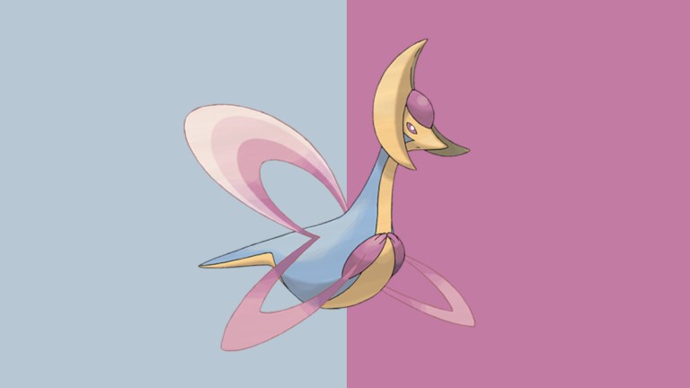 Cresselia in Pokemon Go, a creature with a moon-shaped head on a pink and silver background.