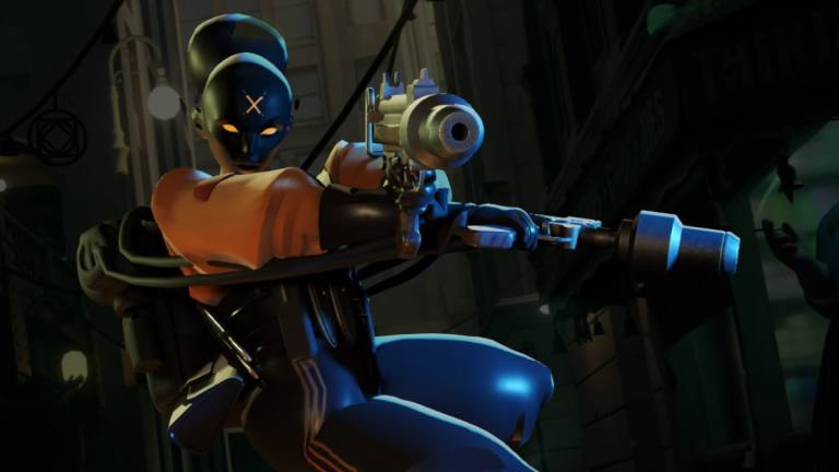 An image of Haze from Deadlock. She is a secret agent wielding two smgs wearing a black mask and an orange shirt.