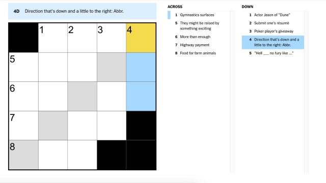 the clue 'Direction that's down and a little to the right: Abbr.' highlighted in blue and yellow on the nyt mini crossword puzzle