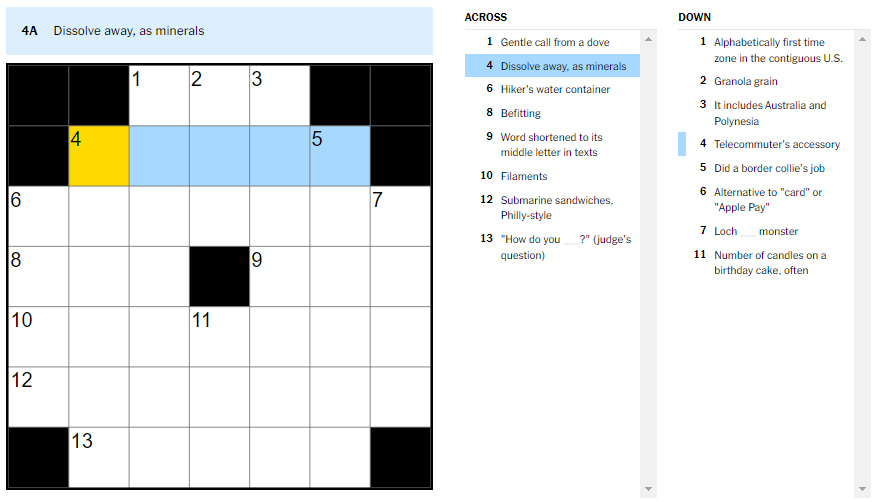 Picture showing the'Dissolve away, as minerals' clue in NYT Mini Crossword.