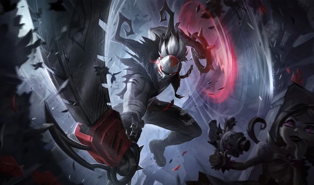 Fright Night Draven splash art in LoL, where he swings his chainsaws around while Annie watches.