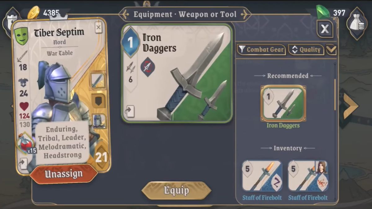 Equipment menu screen in The Elder Scrolls Castles showing Iron Daggers and Tiber Septim character