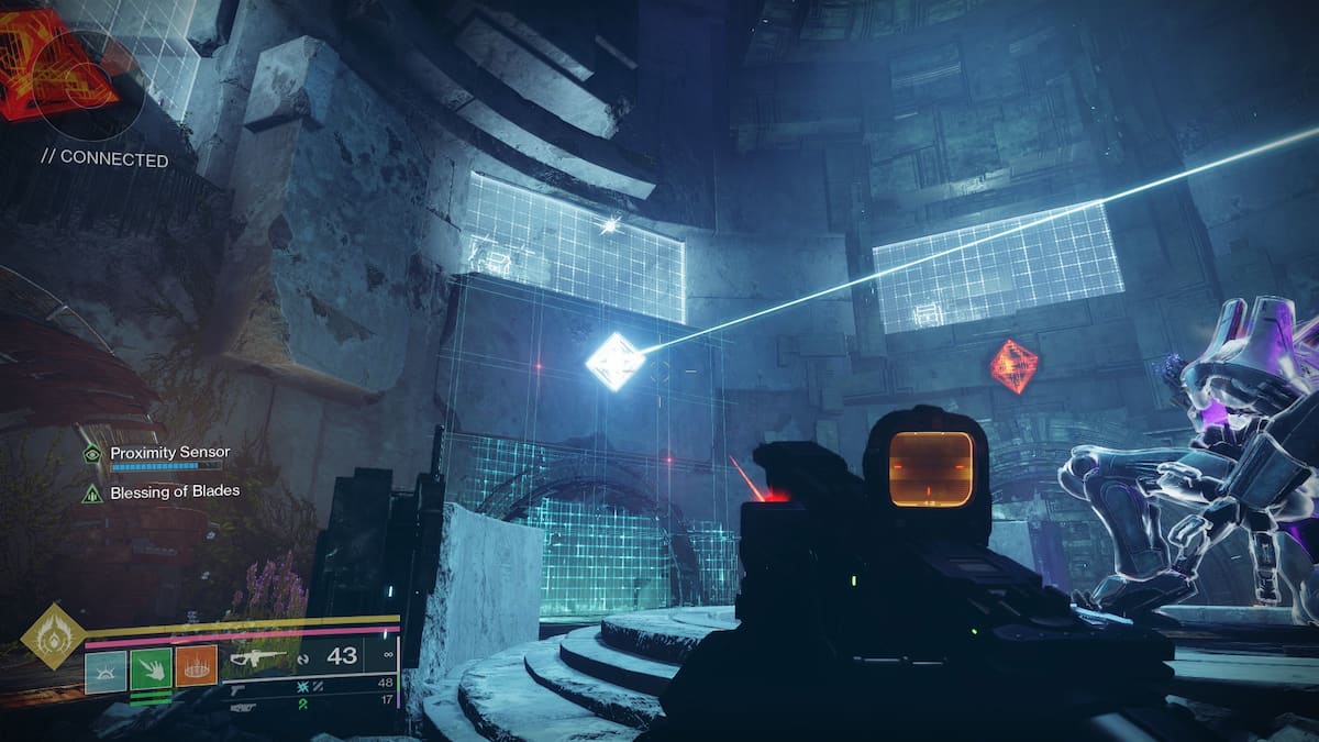 A series of Vex gates connected for the first secret chest in Encore: Concerto. There's a diamond above each portal. The Guardian looks at a portal with a diamond glowing white, with a small square above it.