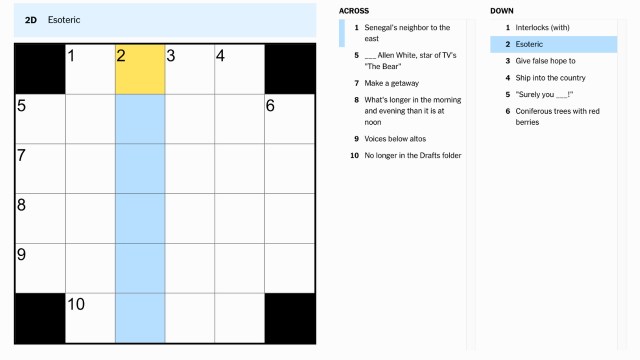 the clue, esoteric, highlighted in blue and yellow on the Aug. 16 NYT Mini crossword puzzle.