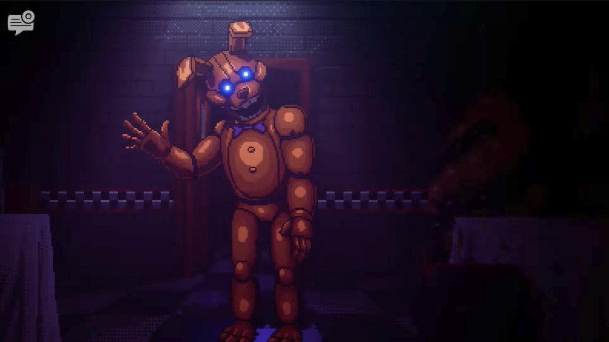 Spring Bonnie waving at the camera with head slightly tilted, standing in dimly lit Employees Only room