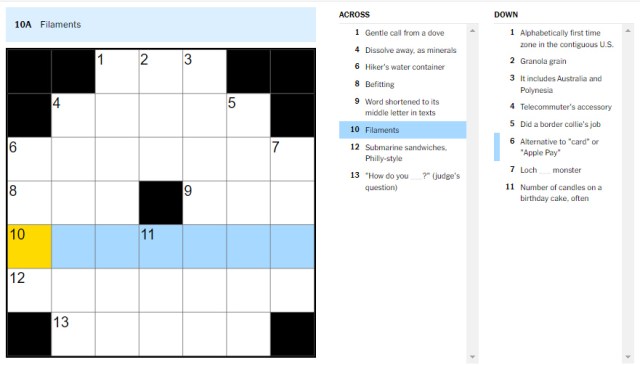 Picture showing the Filaments clue in NYT Mini Crossword.