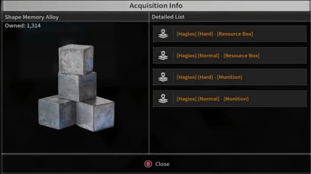 A screen in The First Descendant showing the access info for Shape Memory Alloy in Resource and Munition Boxes in Hagios.