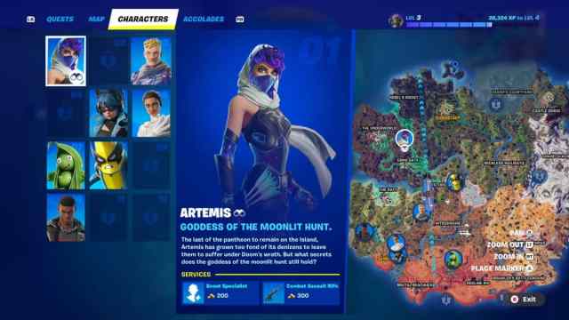 Artemis' character screen in Fortnite showing available services.