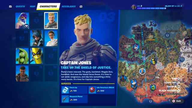 Captain Jonesey marked on the Fortnite map with services shown.